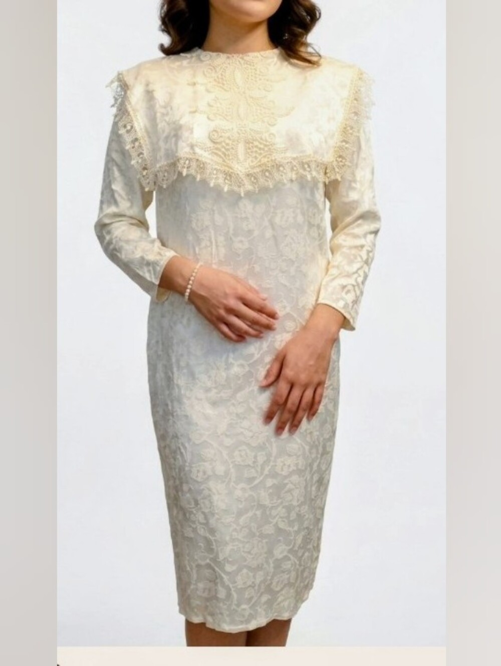 Jessica McClintock Cream Lace Midi Dress with Scalloped Yoke Vintage